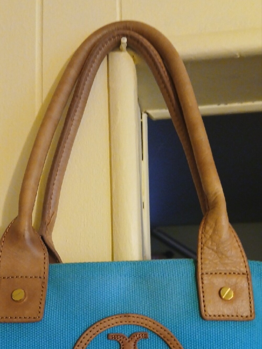Tory Burch Turquoise Canvas Tote with Brown Leather Trim and Logo - Picture 4 of 11